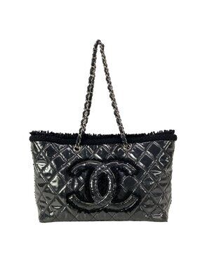 Chanel Tote Patent Toilette Chain Black Clear Shoulder Silver